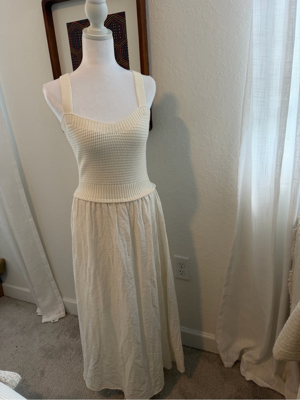 Cream Knit-Bodice Maxi Dress with Wide Straps